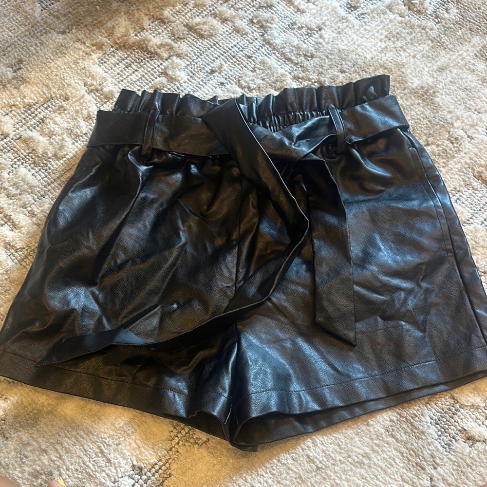 Black High-Waist Faux Leather Paperbag Shorts